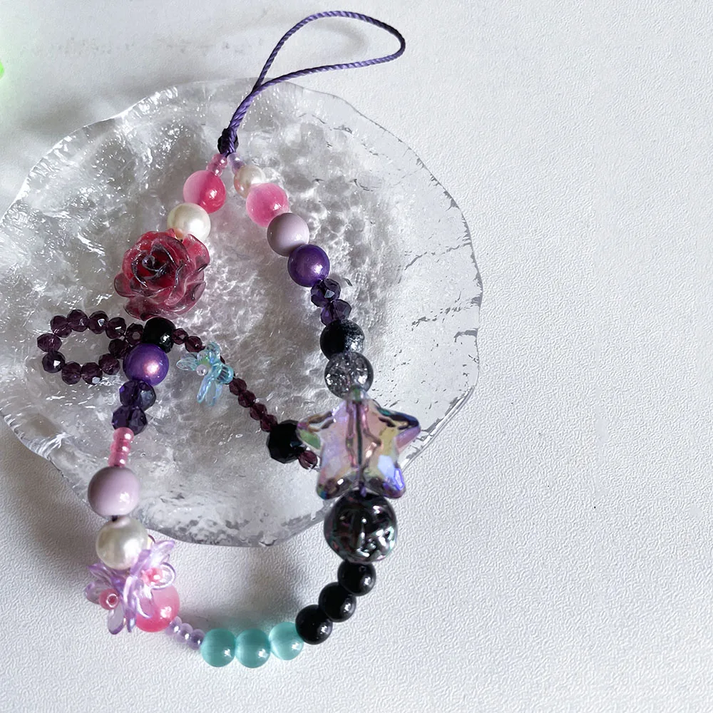 Red Rose Flower Phone Charm Strap Resin Butterfly Purple Black Star Beads Keychian Bag Camera Decor Jewelry for Women Girl Gift
