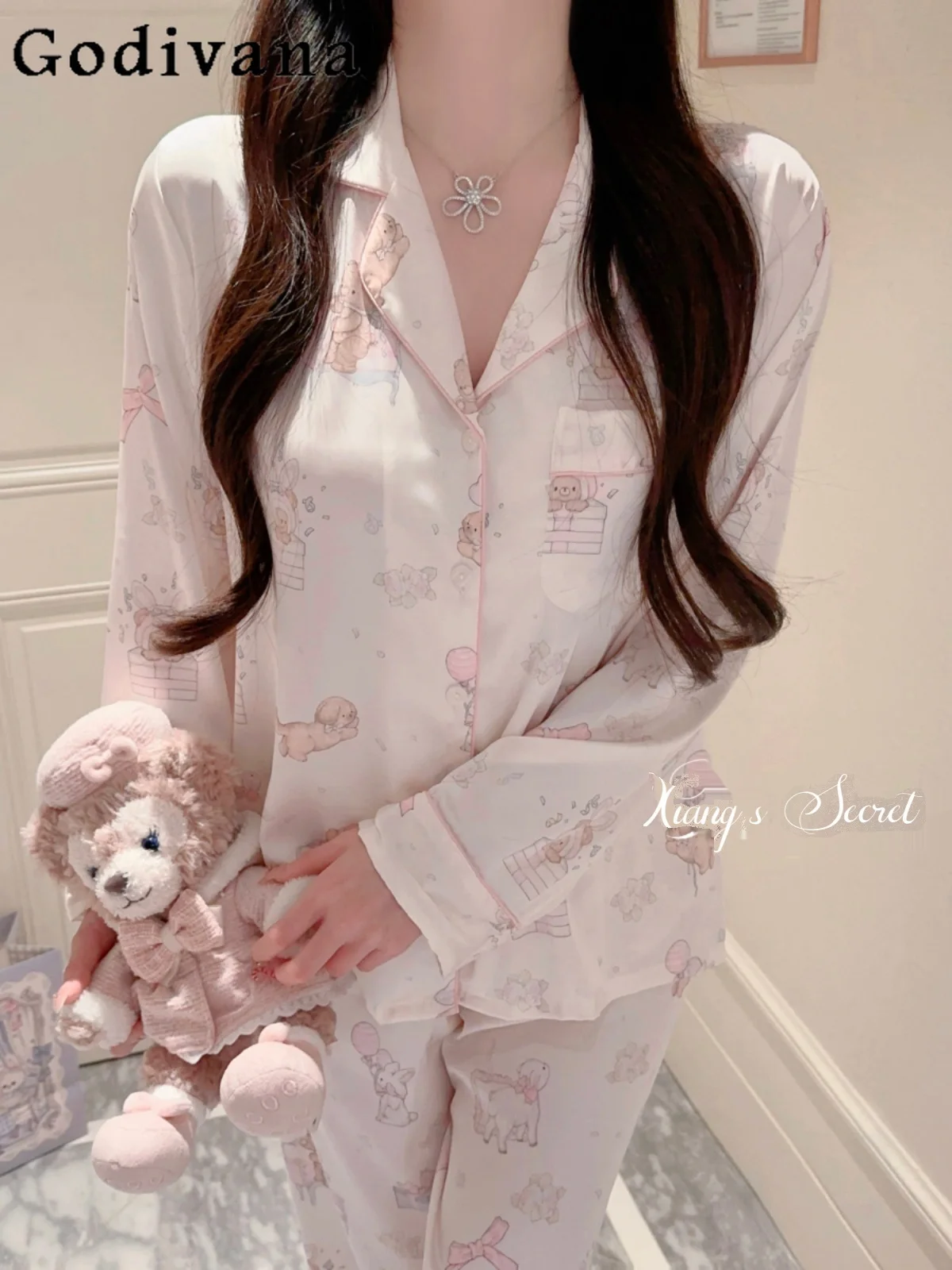 

Sweet Girl Japanese Original Cartoon Ice Silk Long-sleeved Loungewear Casual Loose Cool Comfortable Pajama Set