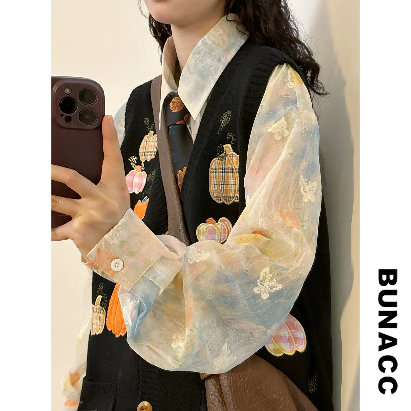 

Ретро-кардиган-жилет с вышивкой в виде маленькой тыквы, V-образный вырез, вязаный, свободный крой, модный, осенне-зимний, унисекс, для женщин