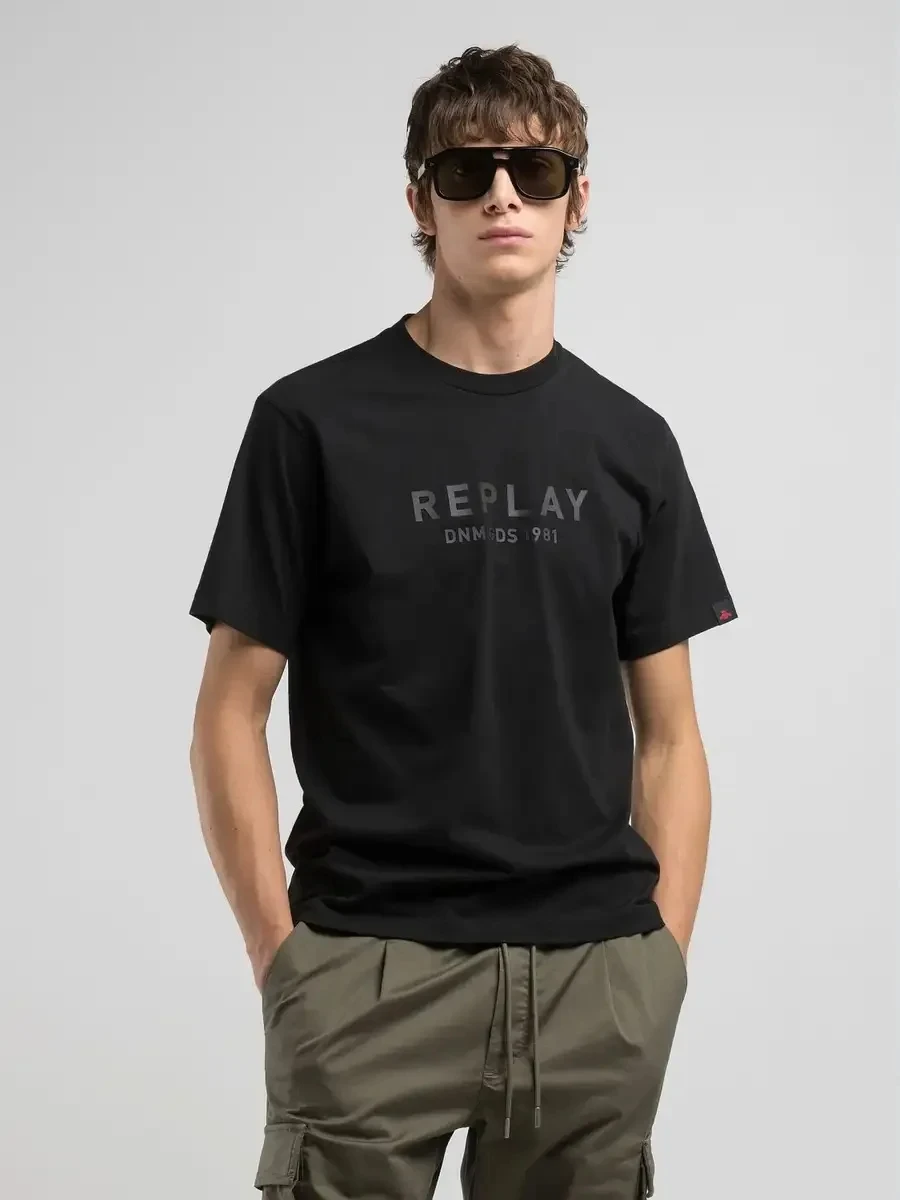 Luxury Replay T-shirt with Lettering Print Black T-shirt Printed Brand Pure Cotton Short Sleeve Unisex New Round Neck Versatile