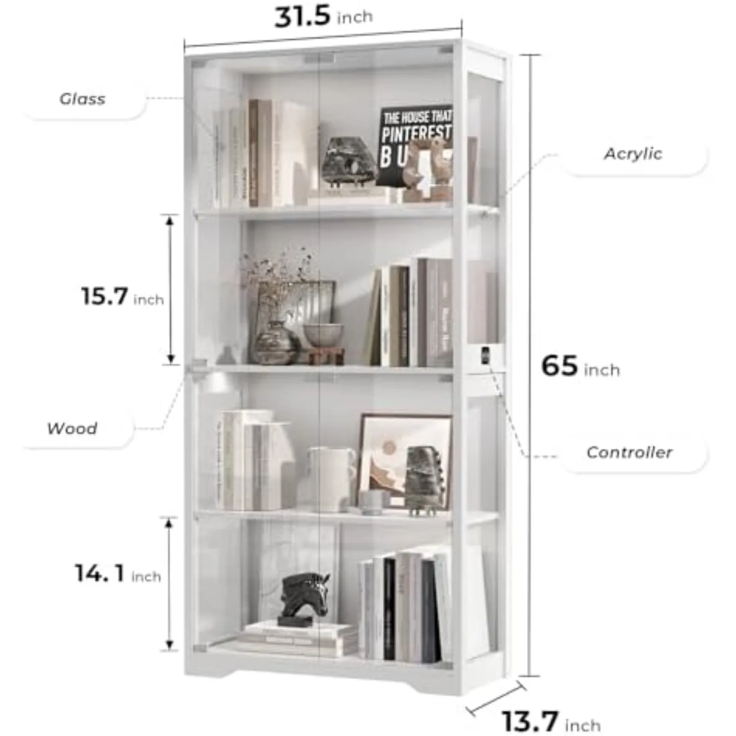 Display Cabinet with Glass Doors, 4-Tier Display Case, Black | Curio Cabinet with 3 Color Lights for Collectibles