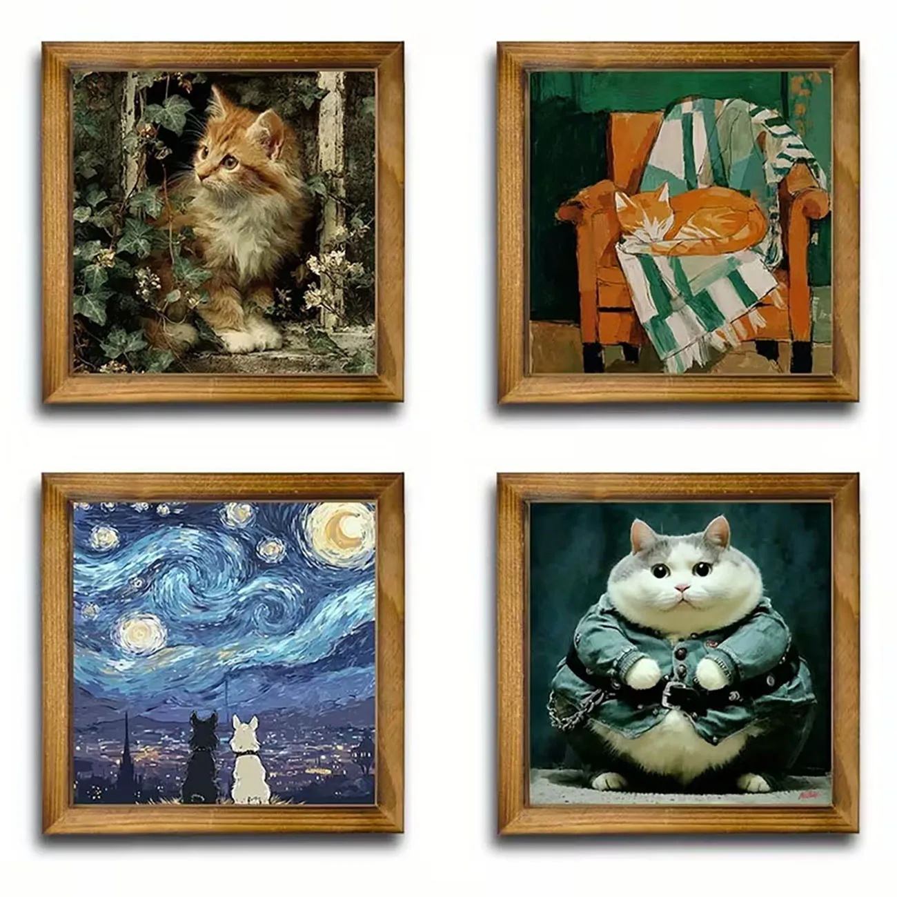 4 Adorable Cat Square Framed Wooden Wall Decorations 2D Flat Hanging Art with Nano Double-sided Tape for No-drill Mounting