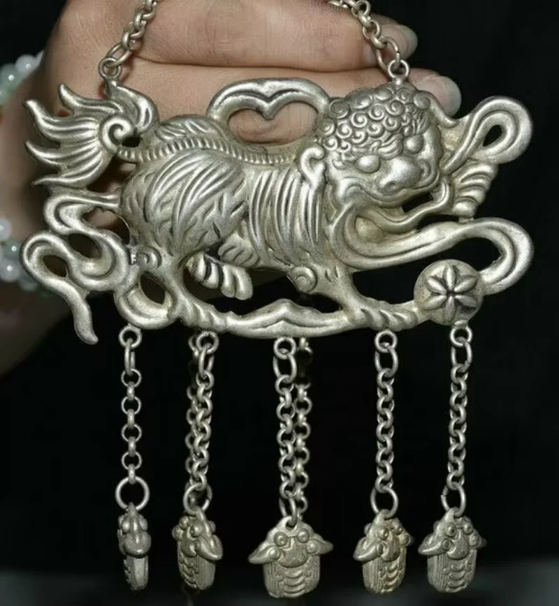 

4.6" Old Chinese Miao Silver Dynasty Fengshui Foo Fu Dog Lion Beast Bead Pendant