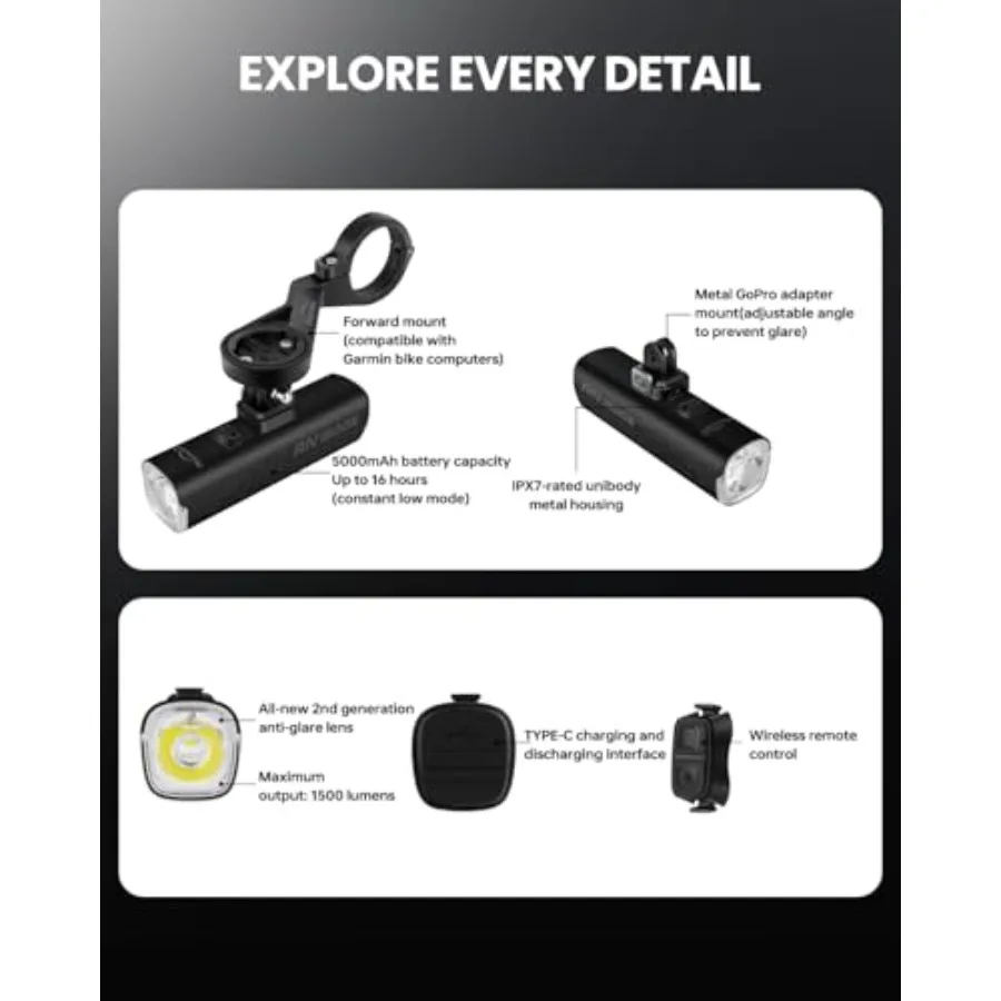 Lumière de vélo RN 1500S lumières de vélo pour la conduite de nuit avec monté sous le contrôle FTR LightSync USB lumière de vélo Rechargeable F