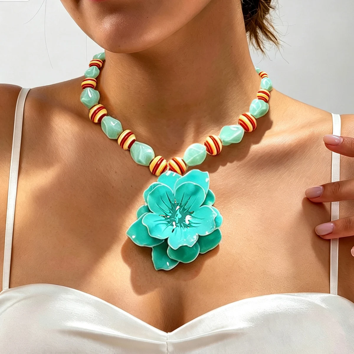 Boho Turquoise Color Exaggerated Flower Pendant Necklace Colorful Striped Beads Chain Choker Holiday Party Jewelry for Women