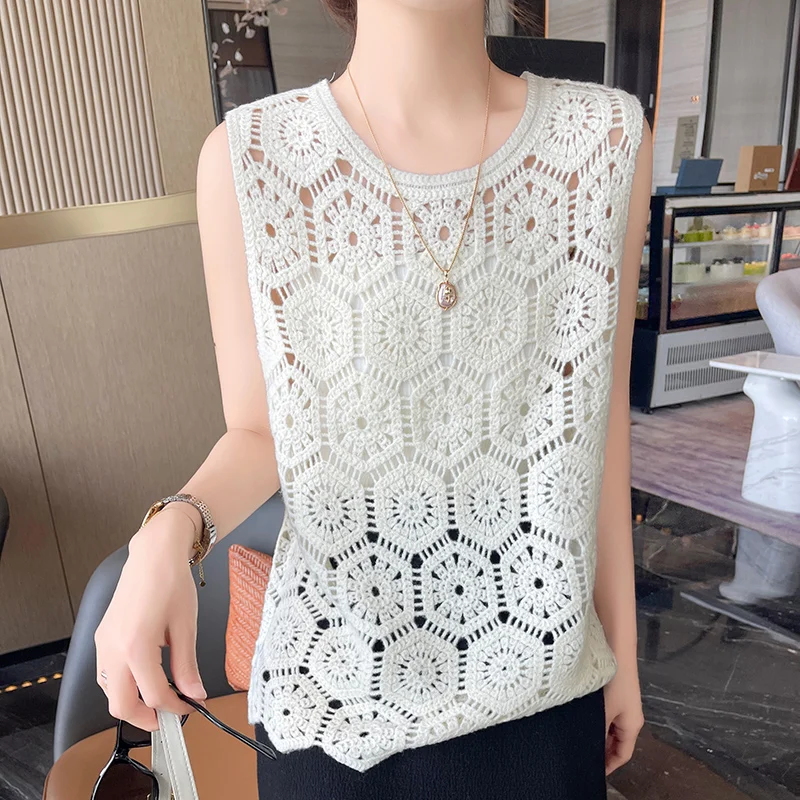 

100% Wool Round Neck Waistcoat Women's Loose-Fitting Multi-Frame Crochet Sweater Jumper Loose-Fitting Hand-Knitted Sweater JQ323