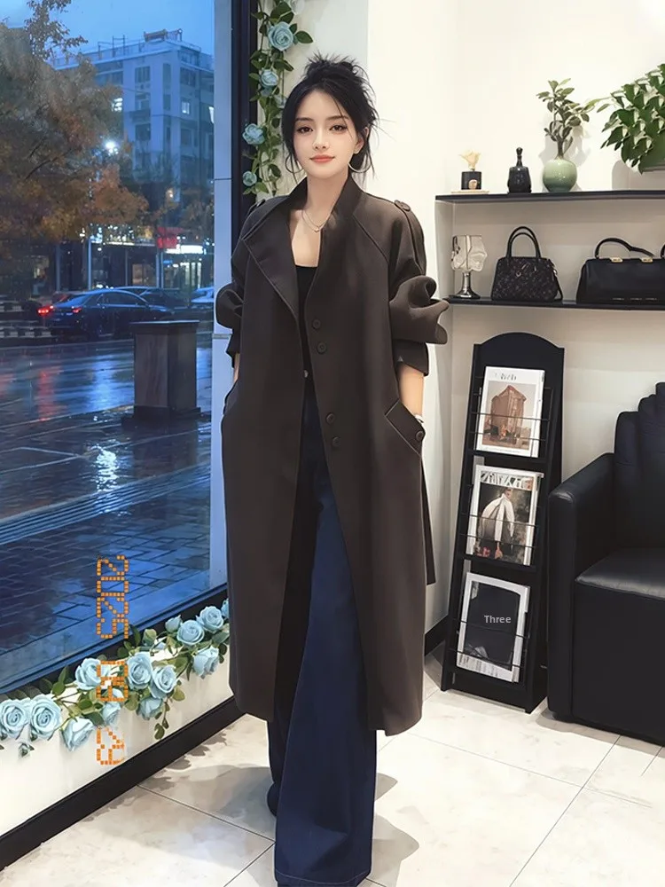 

Korean Style plus Size Women's Brown Long Sleeve Stand Collar Coat Autumn Fashion Outerwear Versatile Quality plus Size Women