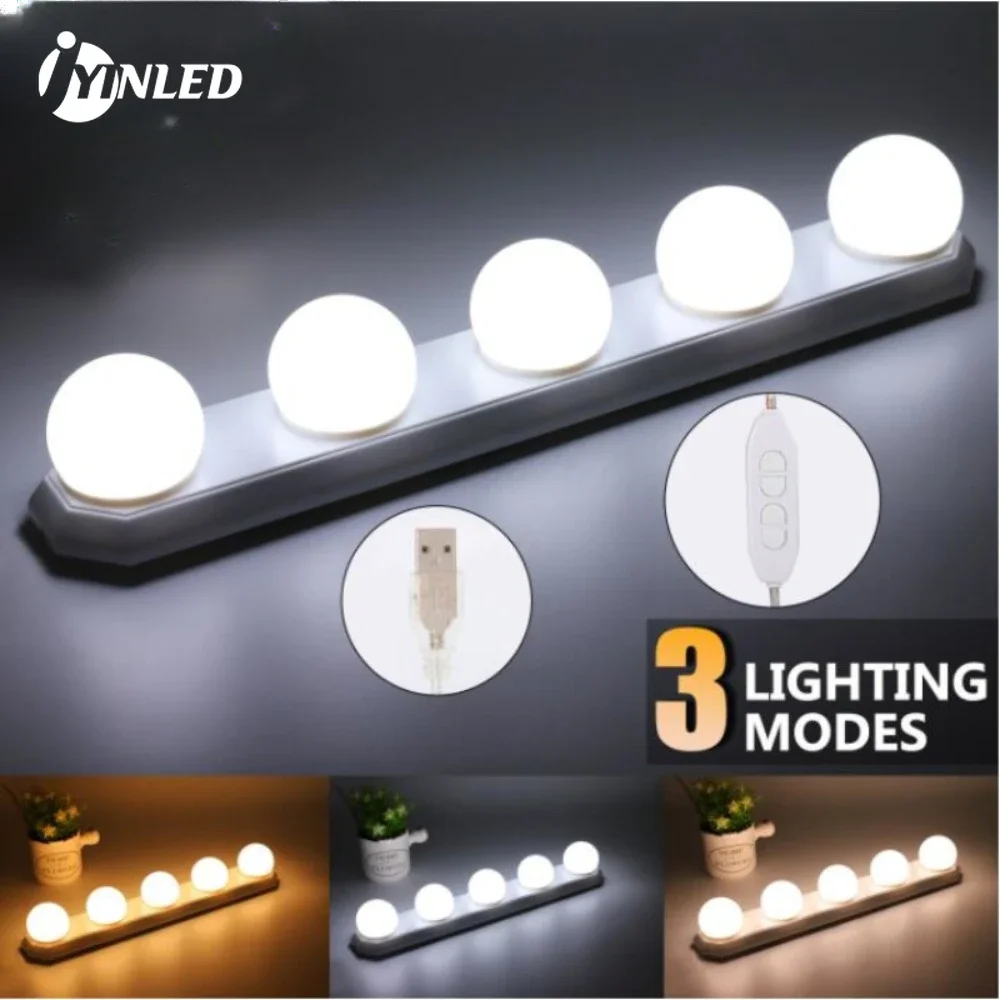 Luz frontal de espejo USB portátil, 5 bombillas, ventosa, luz Led para interior de relleno, Bombilla de espejo cosmético, lámpara de pared LED de maquillaje