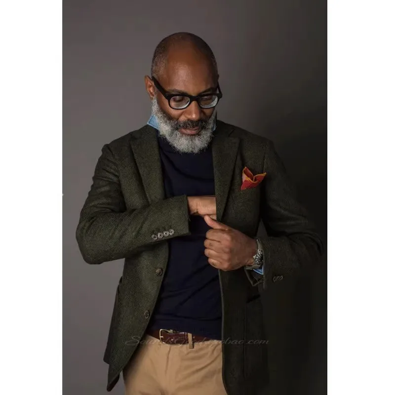 

Uncle Nick Wooster Same Style Suit Autumn and Winter Retro Tweed Wool Herringbone Jacket Suit for Men