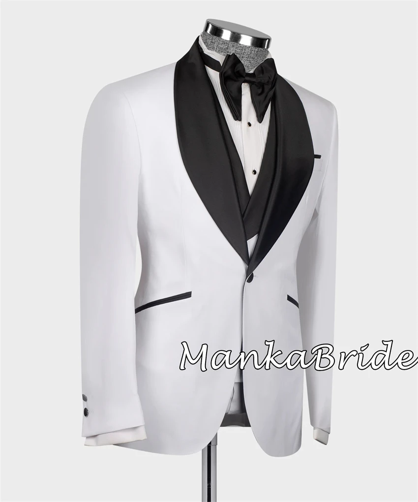 Traje de boda con cuello de satén negro para hombre, fiesta de boda blanco para esmoquin, chaqueta de 3 piezas, chaleco, pantalones, trajes completos