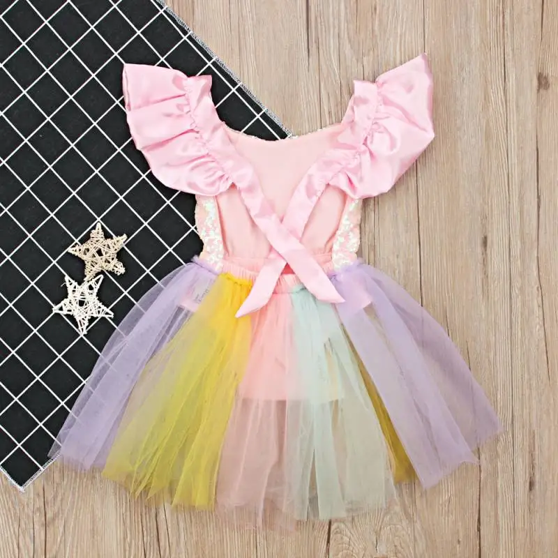 Summer Baby Dress Toddlers Girls Mesh Rainbow Color Sequined Short Sleeve Princess Dresses Children Party Birthday Clothing6M-3Y