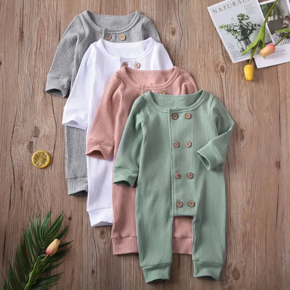 Infant Baby Girl Boy Solid Jumpsuit Long Sleeve Zipper Buttons Ribbed Jumpsuit Pure Cotton Jumpsuit Baby Round Neck Rompers