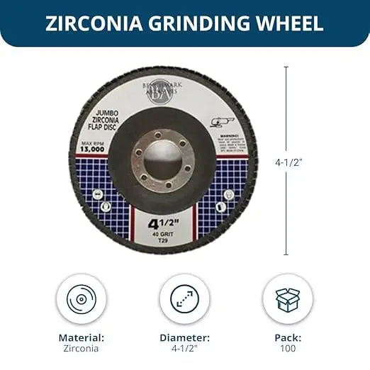 Benchmark 4.5" x 7/8" Premium Density Jumbo Zirconia Type 29 Flap Discs 4 1/2 for Angle Grinder, Sanding Discs, Finishing - Grin