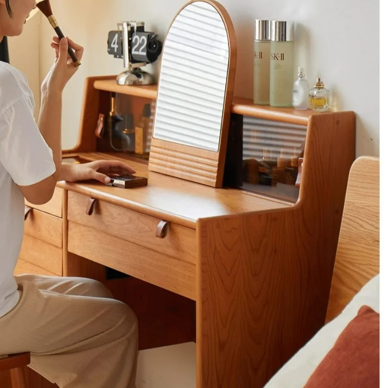 طاولة مكياج لغرفة النوم، طاولة زينة صغيرة من خشب الكرز، خزانة تخزين، شقة صغيرة متكاملة، طراز متوسط وقديم #3
