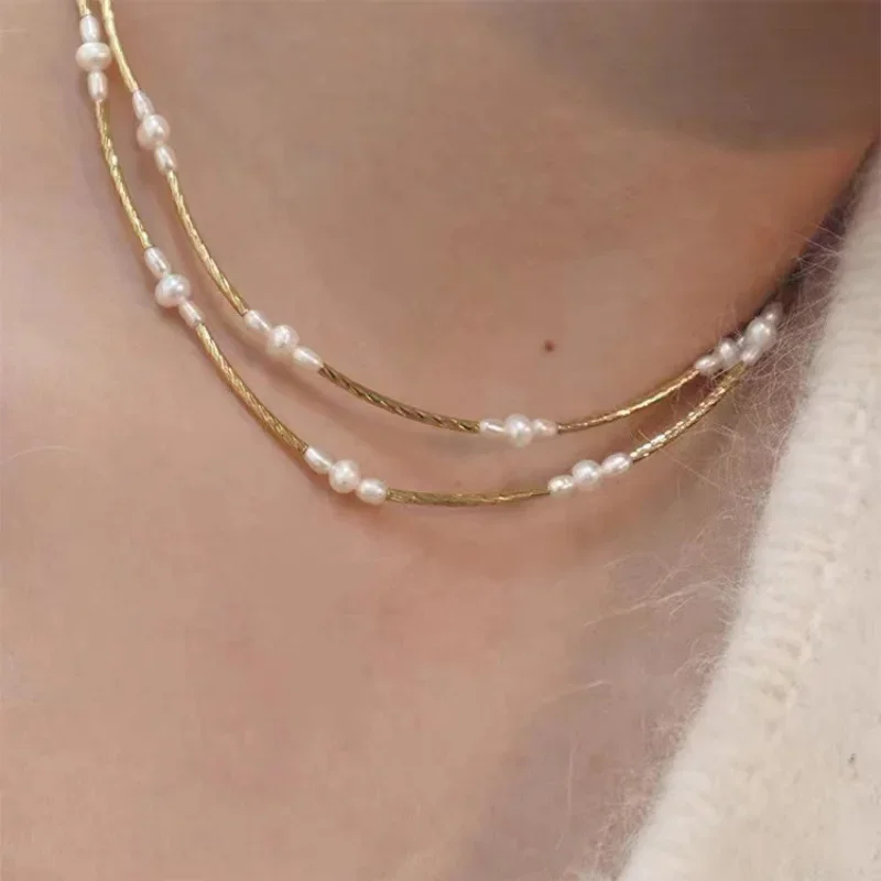 ALLNEWME Minimalist Genuine Freshwater Pearl Strand Necklace for Women Wholesale  Gold Plated Copper Twisted Chain Choker