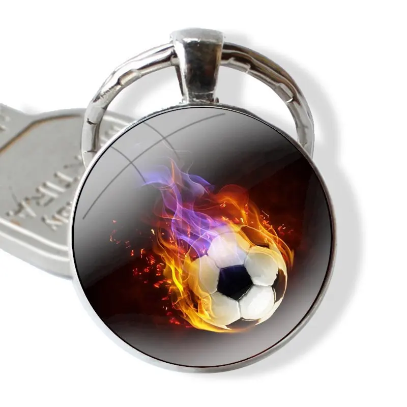 Glass Metal Pendant Key Chain Classic Men Women Key Ring Accessories Jewelry Gifts Fire Football Soccer Ball