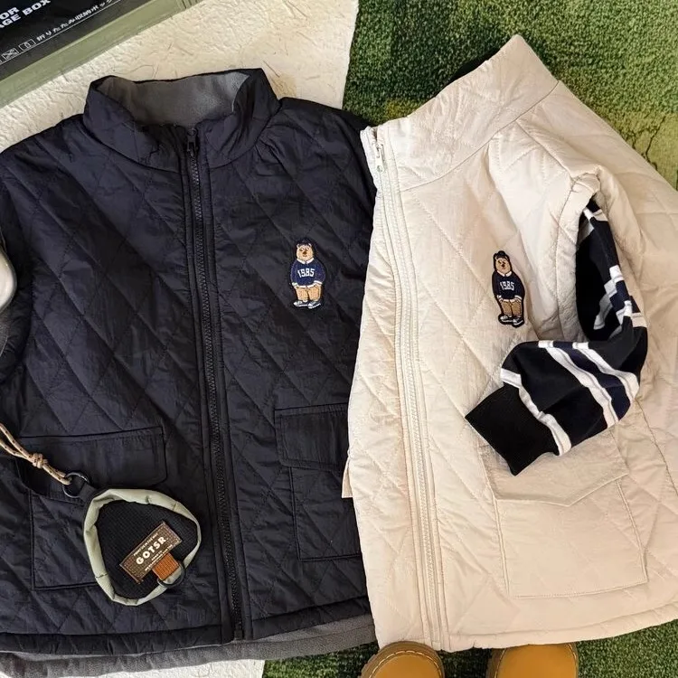 Colete Infantil de Lã com Bordado de Desenho Animado, Gola Alta, Jaqueta para Meninas e Meninos, Nova Chegada de Outono, Roupa Infantil da Moda