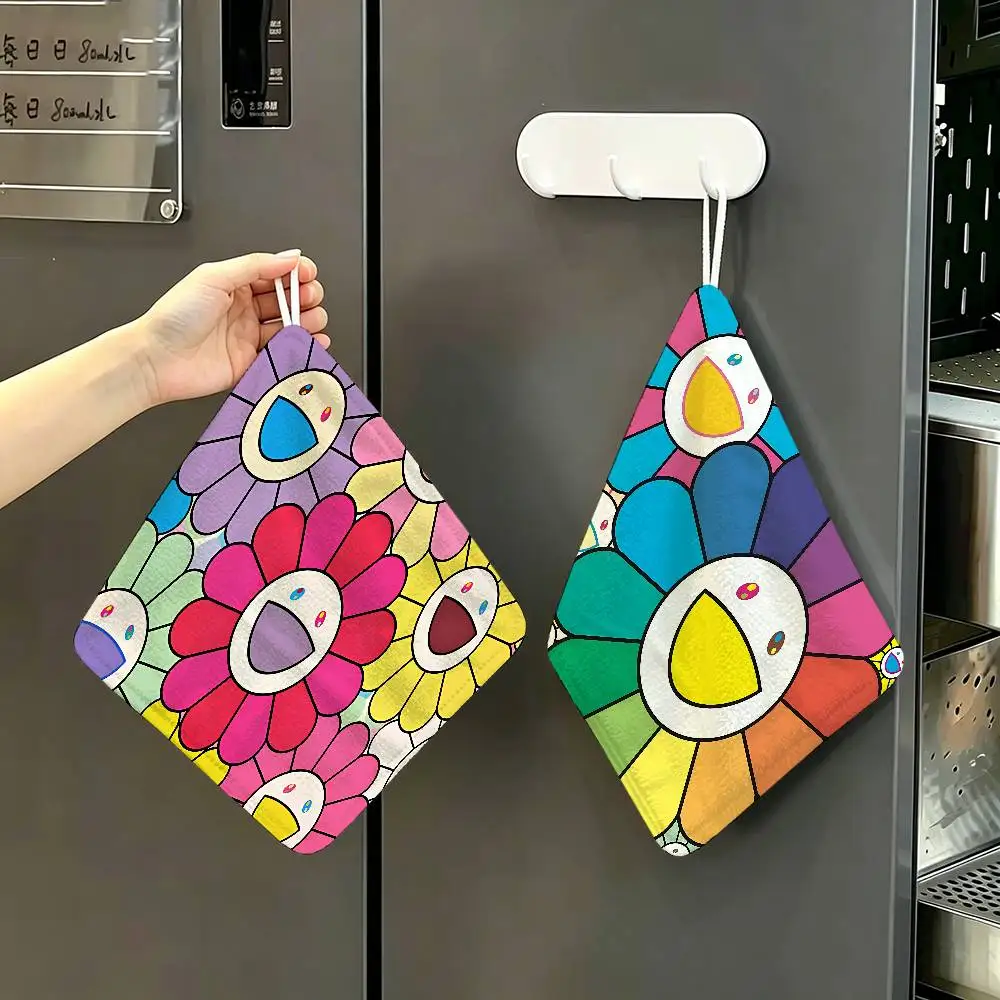 Flower T-Takashi Art M-Murakami Hanging Kitchen Towel, Polyester Cotton Fabric, Absorbent Hand Wiping Towel for Home Dormitory