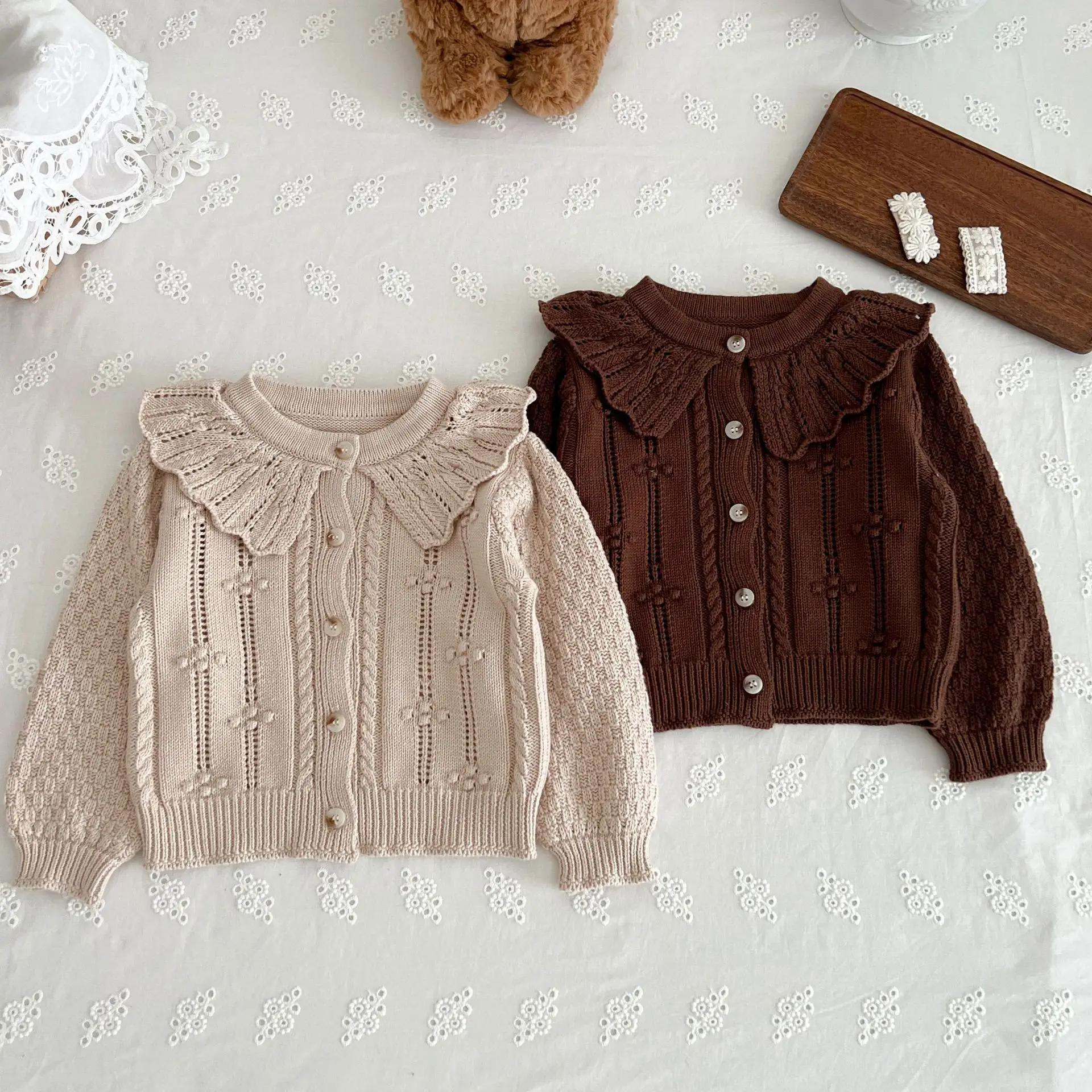 Autumn Baby Girls Cotton Yarn Doll Collar Knitted Cardigan Versatile and Stylish Children's Cotton Jacket for Infants Sweater