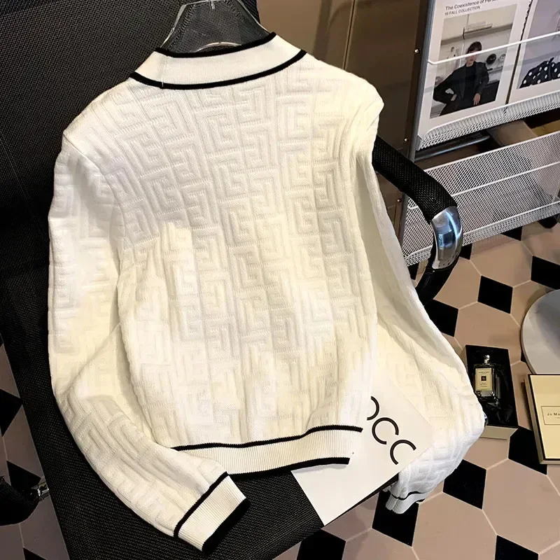 Spring Autumn 2024 V-Neck Knitting Cardigan Coat Button Jacquard Sweater Women's New Fashion Black White Knitwear Tops Jacket