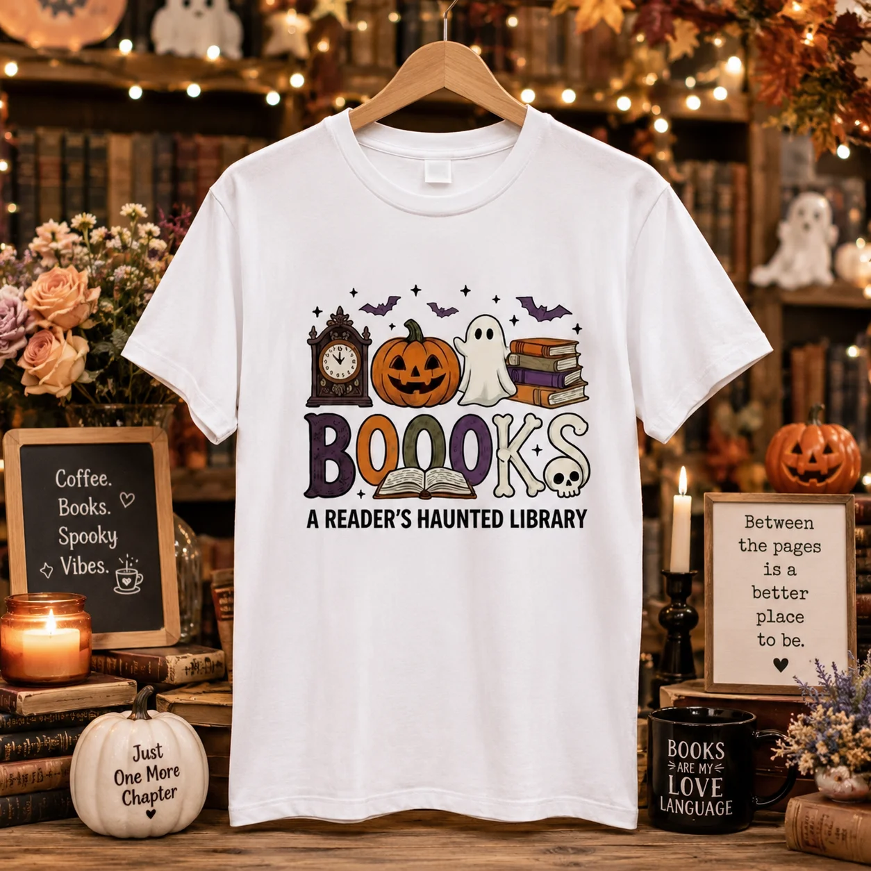 Halloween Book Lover Graphic Women's 100% Cotton T-Shirt, Boooks A Reader's Haunted Library Ghost Pumpkin Fall Casual Top