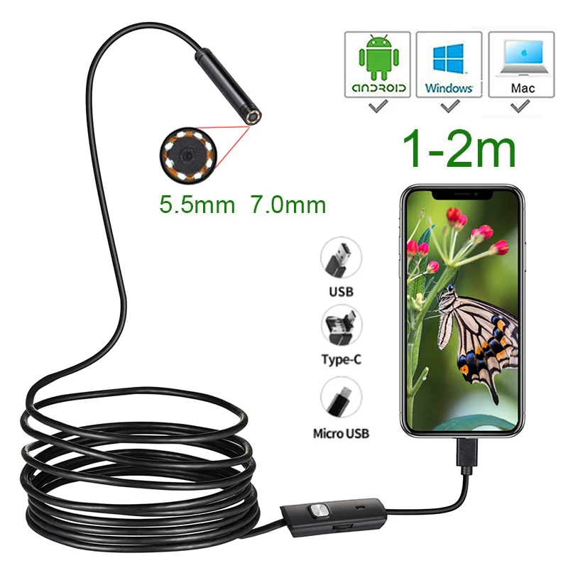 

7.0 mm IP67 Waterproof Endoscope Camera 6 LEDs Adjustable USB Android Flexible Inspection Borescope Cameras for Phone Laptops PC