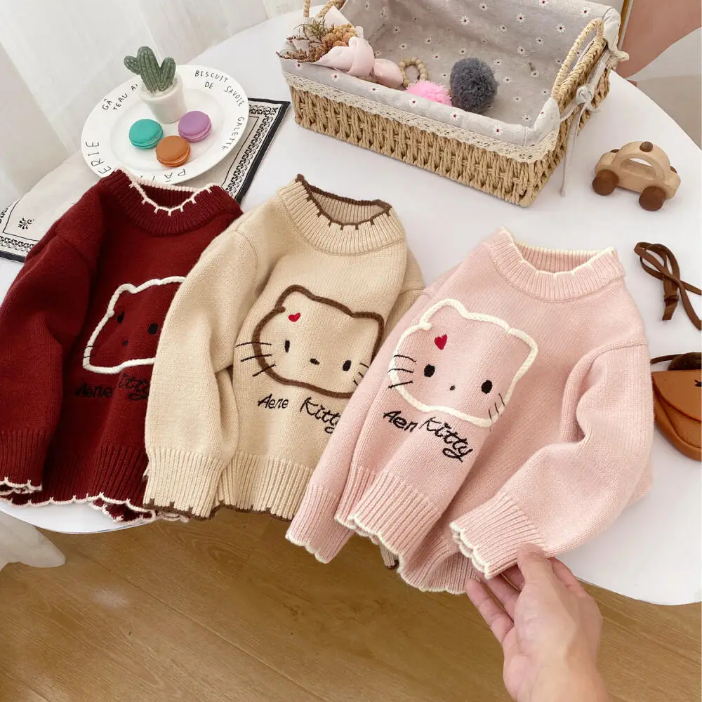 سانريو مرحبا كيتي الفتيات الخريف والشتاء الكرتون سترة نمط جديد الفتيات Kawaii نمط جولة الرقبة Kt القط سترة البلوز الأعلى