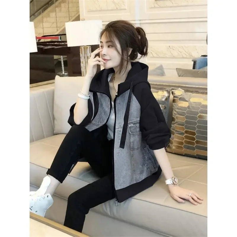 Veste en Denim Noir à Capuche pour Femme, Manteau Patchwork, Baseball, Vintage, Vêtements d\'Extérieur, Nouvelle Collection Automne et Hiver 2023