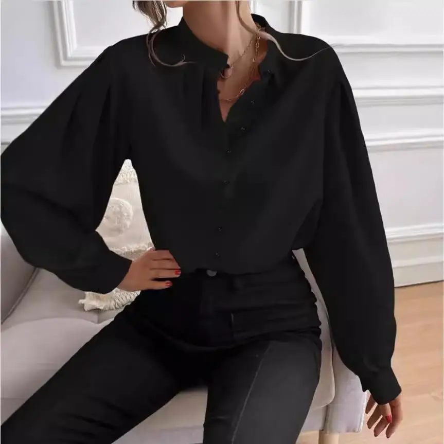 

Women's Long Sleeve Shirt with Semi Open Collar Stand up Swedish Style Commute Fashion Other Fabric Lantern Sleeve Pure Color