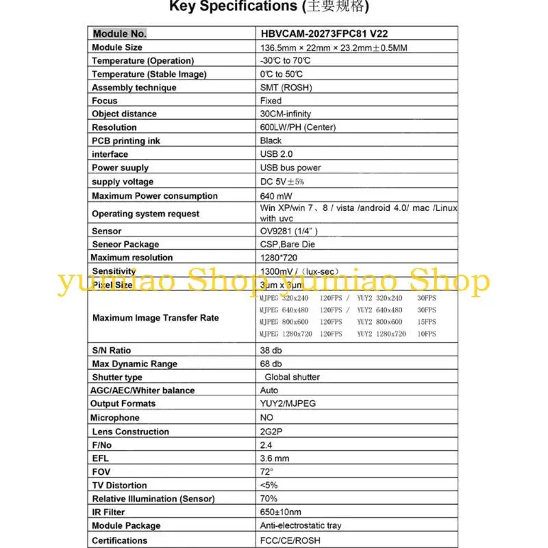 587B High Definition 100W Pixel USB Camera Module for Code Recognition OV9281(1/4'')