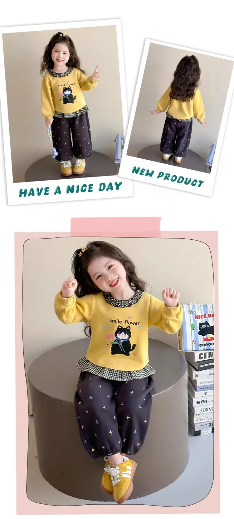 2026 Herbst Baby-Mädchen-Kleidungssets, Kinder-Sweatshirt mit Rüschenkragen und Cartoon-Print + Hose mit Sternenmuster, 2-teiliger Freizeitanzug für Kinder – Detail 3