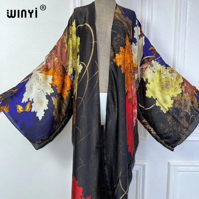 WINYI 2024 summer kimono boho print beach cover up Swim Suit elegant African women boho Cardigan sexy Holiday silk feeling dress