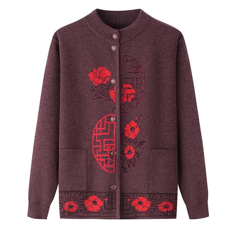 Embroidery Mother's Winter Clothes Sweater Cardigan Middle-Aged Elderly Women Long Sleeve Top Grandma Spring Autumn Coat XL-5XL