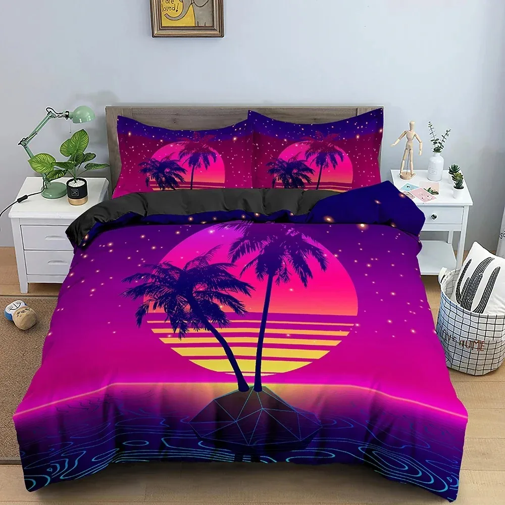 Retro Bedding Set Abstract Duvet Cover Set Waves And Sunset Pattern Comforter Cover With Pillowcase King Queen Home Textiles