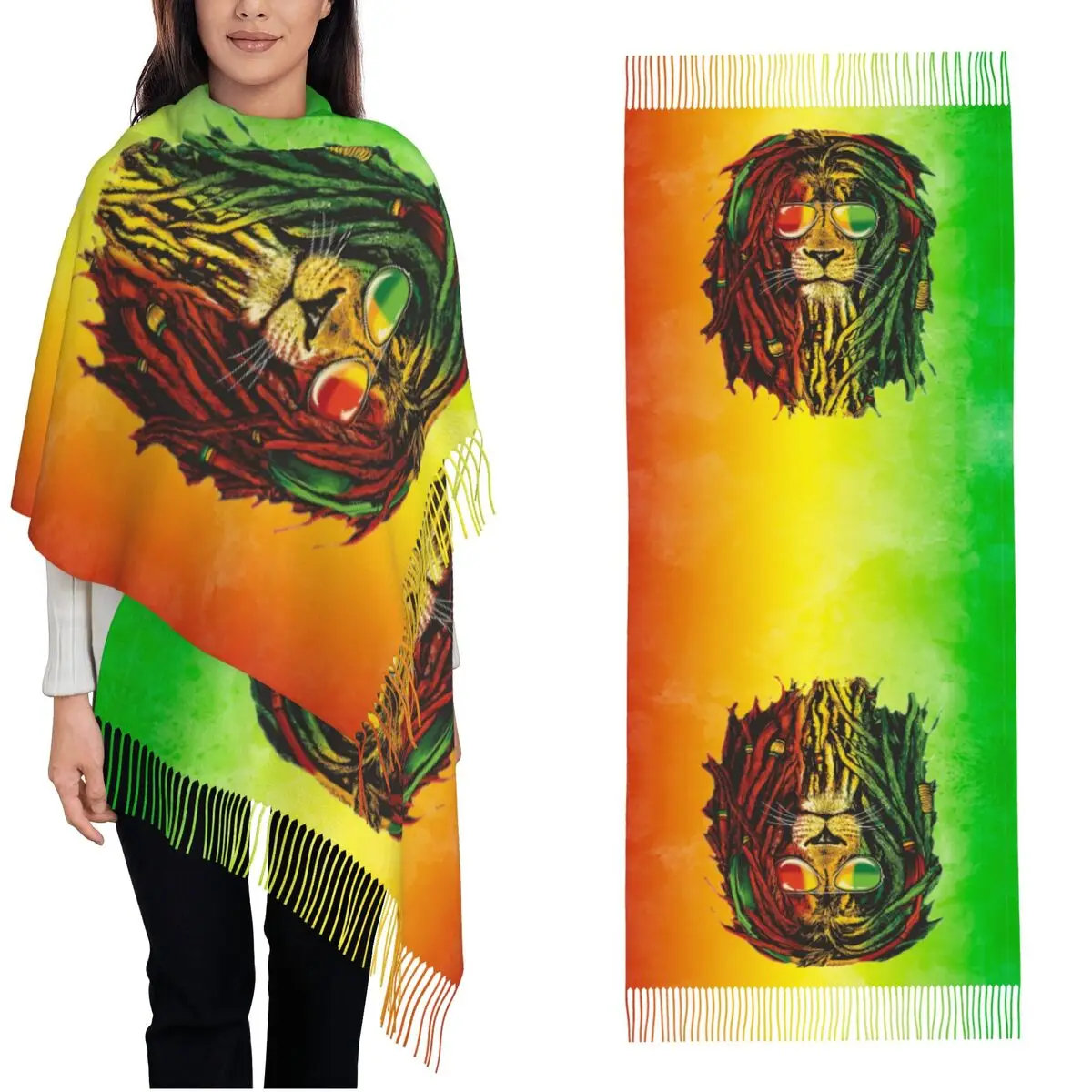 

Womens Scarf with Tassel Rasta Lion Of Judah Jamaica Colors Long Winter Shawl Wrap Reggae Rastafari Daily Wear Pashmina Scarves