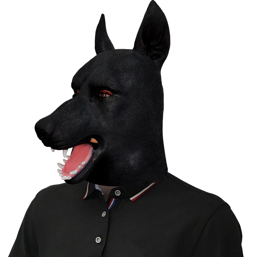 Schwarze Hundekopfmaske, Naturlatex Tierkostüm-Maske, Realistische Hundegesichtsmaske für Halloween-Party, Cosplay-Verkleidung – Detail 1