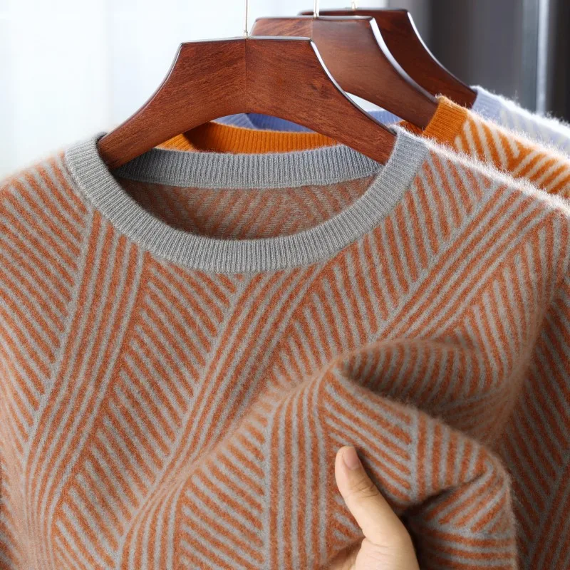 100% Pure Wool Men's Round Neck Long Sleeve Knit Sweater 2025 Autumn Winter New Color Blocked Stripe Splicing Crew Neck Pullover
