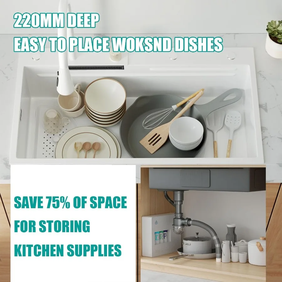 Modern Single Bowl Undermount Kitchen Sink with Flying Rain Waterfall Design Stainless Steel Construction Drop-In Installation