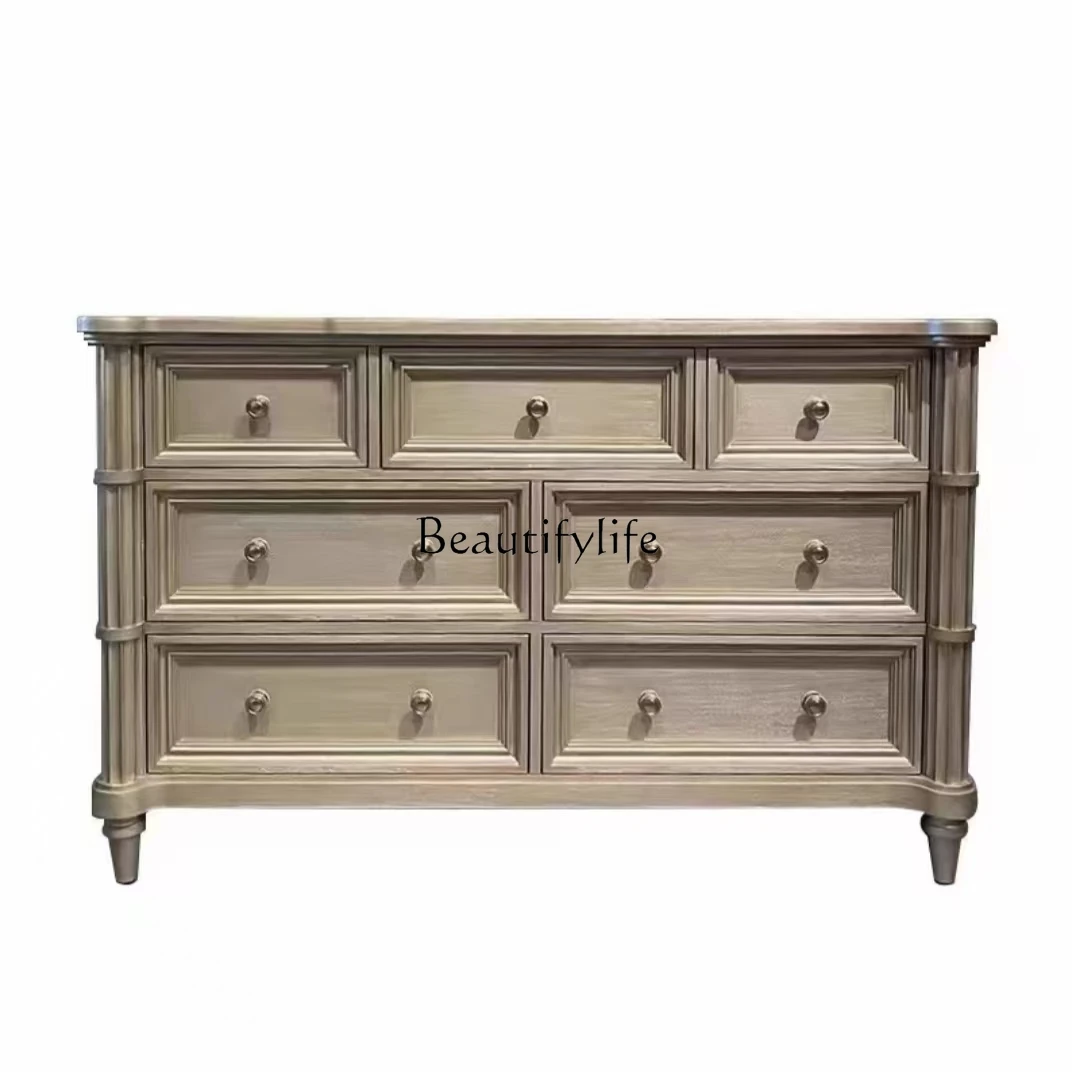

05-French medieval solid wood six-chest cabinet ash wood bedroom American living room retro storage bedside cabinet entrance