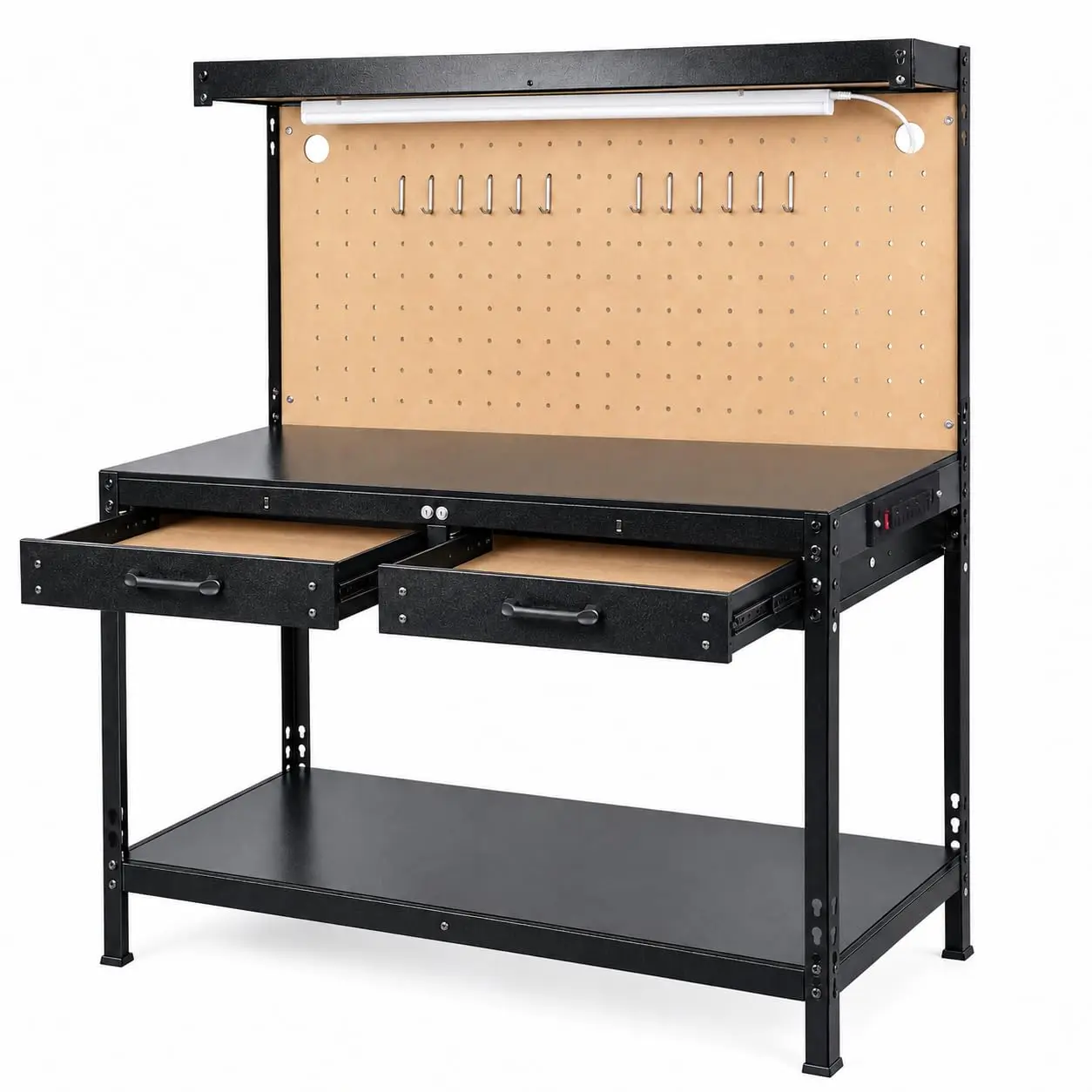 Garage Workbench with LED Light Bar, Pegboard, 2 Drawers