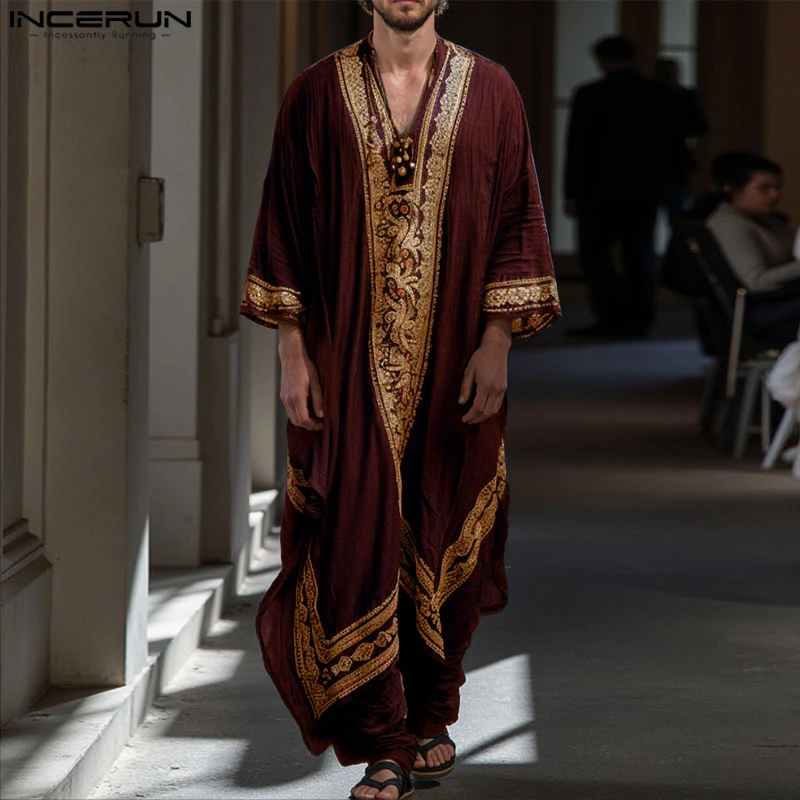 INCERUN Men Jubba Thobe Printing Patchwork V Neck Long Sleeve Male Robes Muslim Kaftan Loose 2025 Arab Casual Men Caftan Abaya