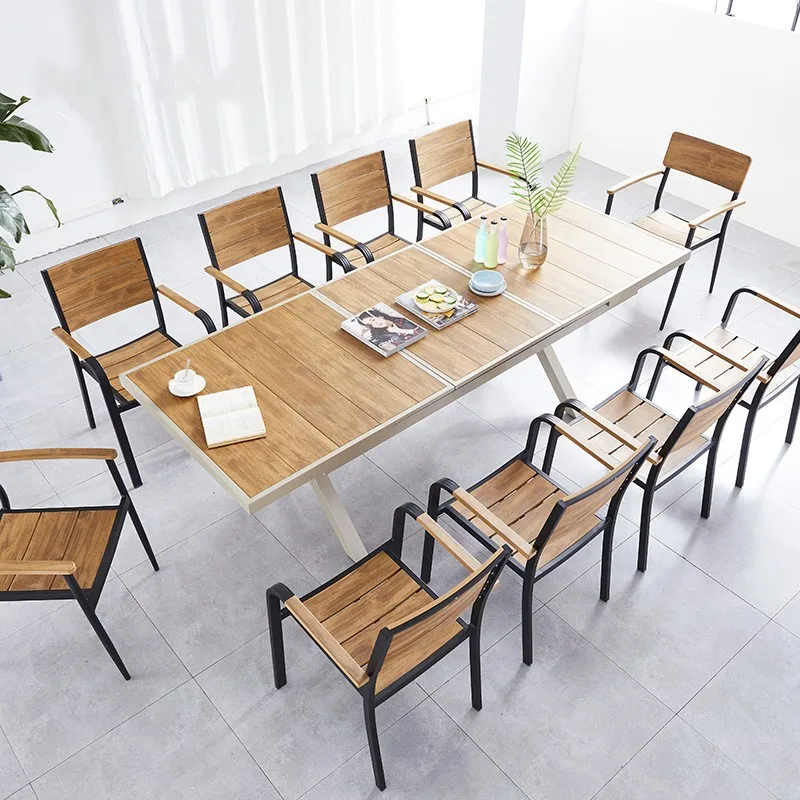 Modern Plastic Wood Restaurant Garden Tables And 6 Chairs Outdoor Furniture Waterproof Dinning Table Patio Furniture Set