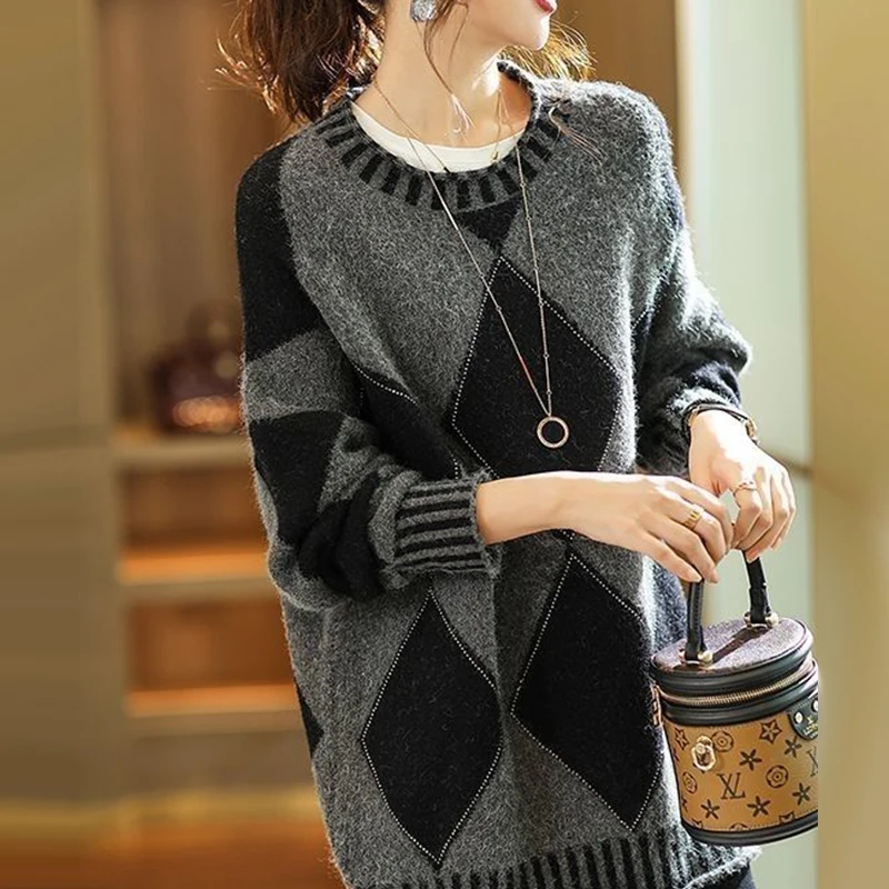 Pull à col rond pour femme, pull surdimensionné, patchwork décontracté, chemises minces, vêtements élégants, mode automne et hiver, nouveau, 2023