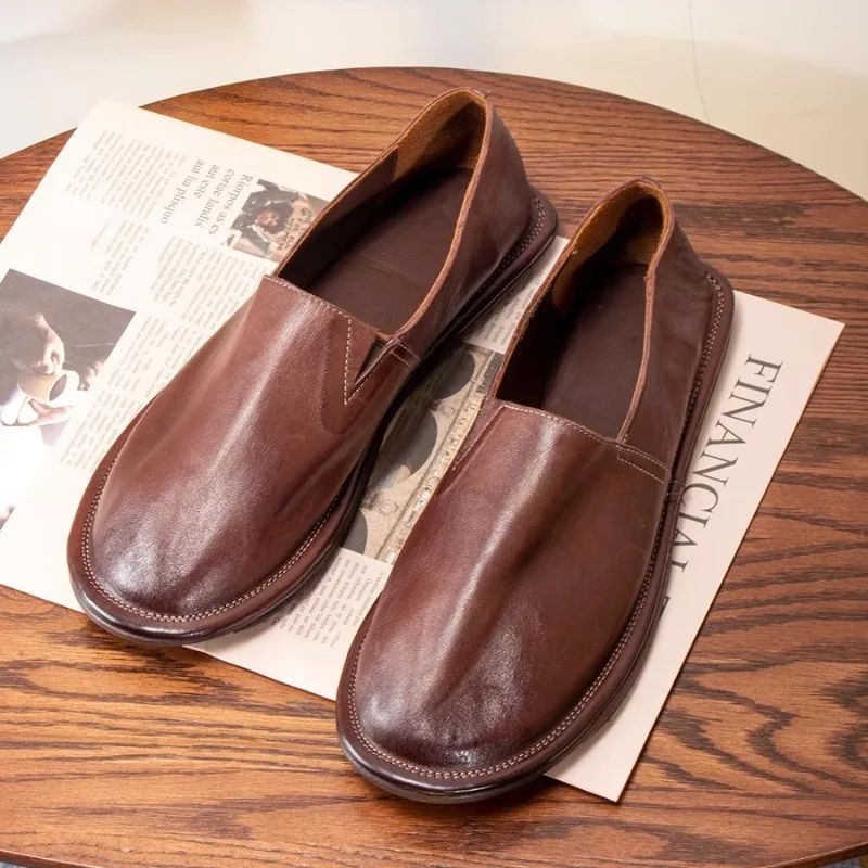 

Handmade Genuine Leather Fisherman's Shoes Men's Loafers Slip on Breathable Casual Office Dress Leather Shoes Male Flats