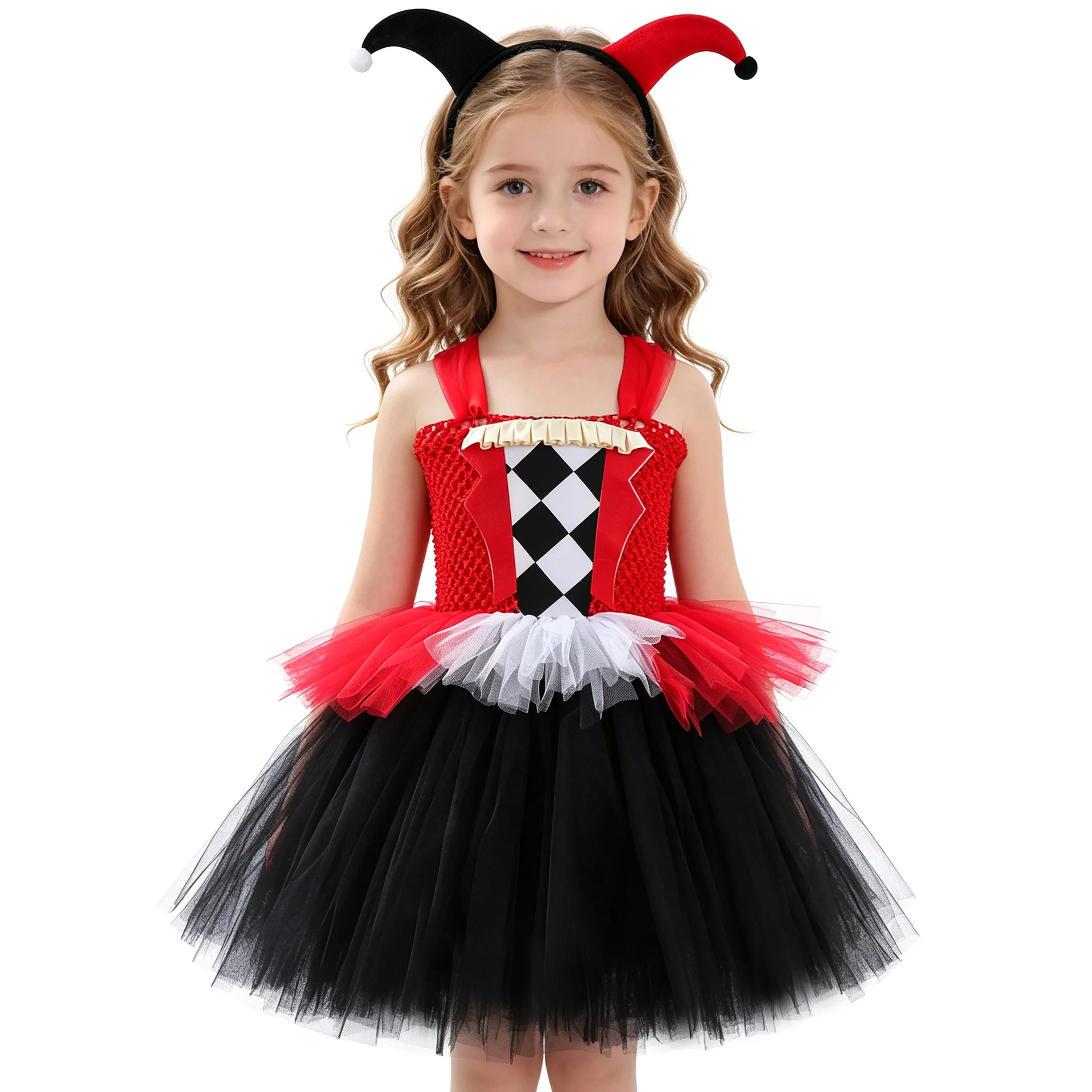 Clown Tutu Dress Girls Black White Checkerboard Halloween Party Performance Stage Show Outfit Princess Fancy Circus Ringmaster