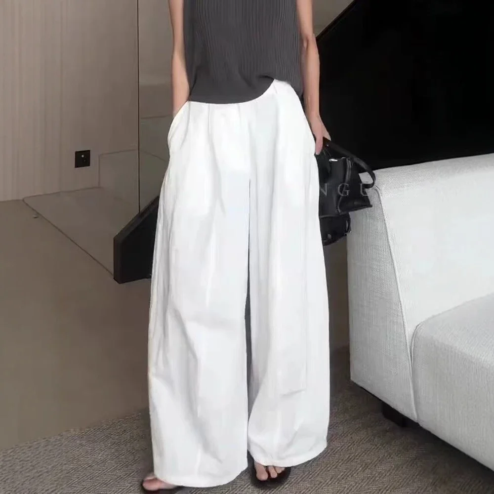 White High Waist Wide Leg Pants Women's Loose Comfortable Fashion Lazy Style Summer New Casual Pants Cotton Polyester Blend
