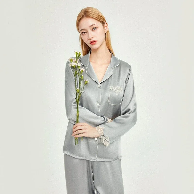 

Lace Trim 100% Mulberry Silk Long Sleeves Soft Nightwear Pyjama Set Autumn Solid Color Korean Women's Lapel Cardigan Pajamas Pjs