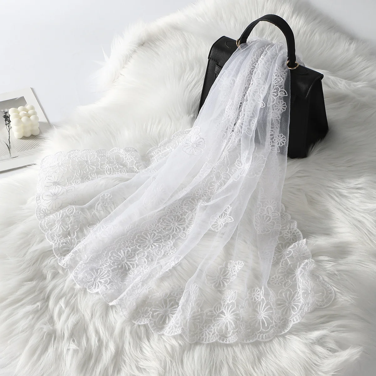 Elegant Retro Wave Edge Embroidered Long Shawls Female College Student Lace Headscarf Flower Pattern Breathable Head Wraps