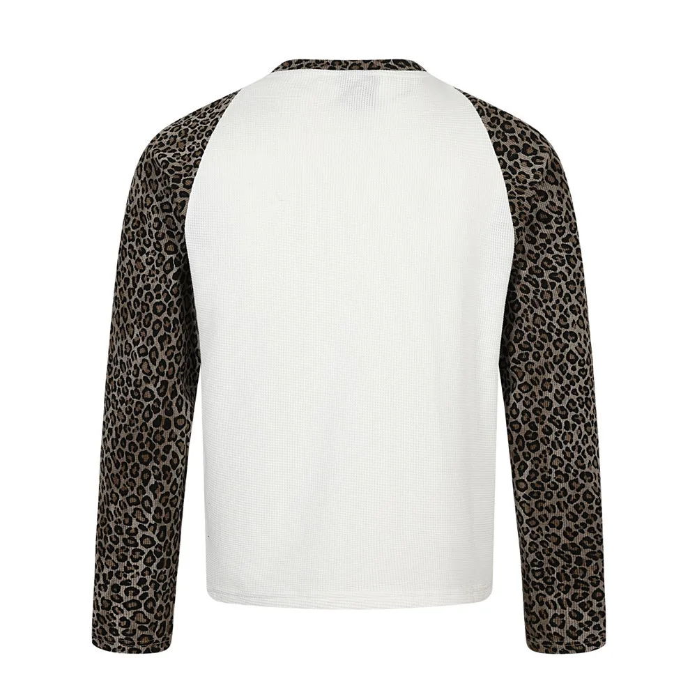MWJLPWQ Leopard Print Patchwork Raglan Long Sleeve T-Shirt Men Hip-Hop Trendy Letter Print Round Neck Casual Top Autumn 17327