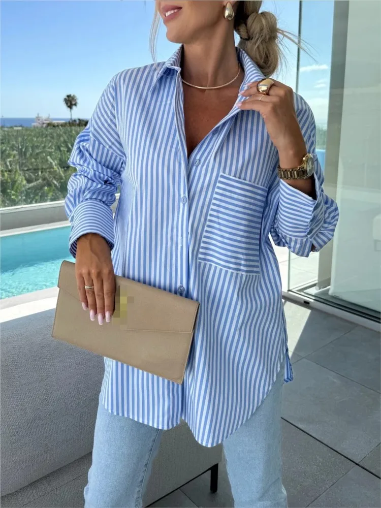 

New Spring Autumn Fashion Stripe Printed Casual Long Sleeve Single Breasted Shirt With Pocket Top For Women's Clothing